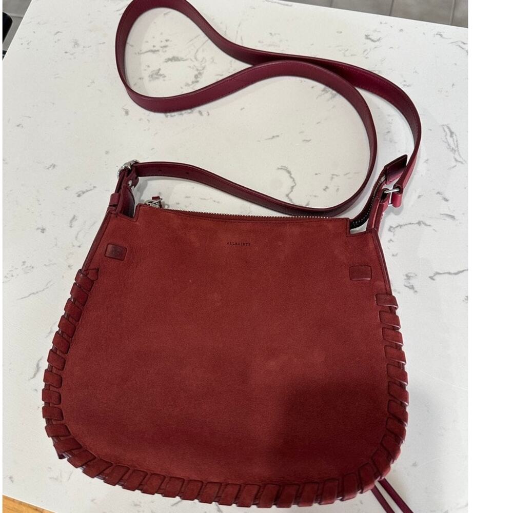 ALLSAINTS Burgundy Mori Lea Leather Whipstitch Crossbody Boho Western Bag Purse